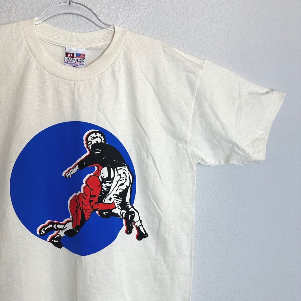 90s Bayside Heavy Weight‎ Football Graphic T-Shirt Mens Large Cream USA Cotton